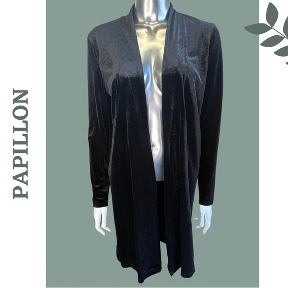 Papillon Sweaters - Papillon Black Crushed Velvet Stretch Open Front Cardigan Size Extra Small